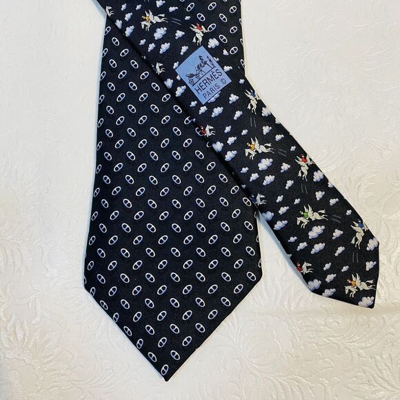 Hermes Silk Tie Navy Blue Geometric and Pegasus - Picture 1 of 14
